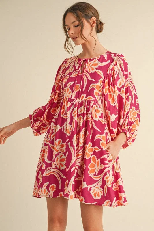 Fuchsia Print 3/4 Balloon Sleeve Dress Pencil Office Professional