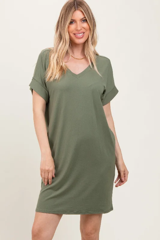 Light Olive Brushed Rolled Short Sleeve V-Neck Dress Tunics Timeless classic