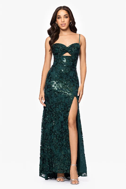 Blondie Nites "Judy" Sequin Lace Keyhole Floor Length Dress Tunics Stylish elegant