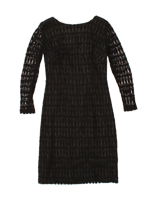 VINTAGE Womens Long Sleeve Sheath Dress UK 12 Medium Black Square Neckline Feminine