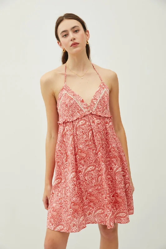 Red Paisley Print Halter Dress Tunics Polka dots
