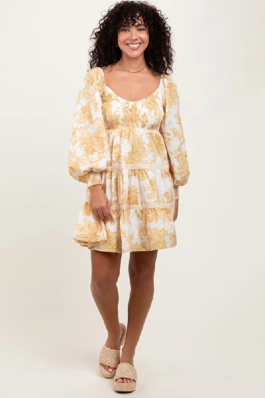 Yellow Floral Smocked Bubble Sleeve Tiered Dress Tunics Stylish modern