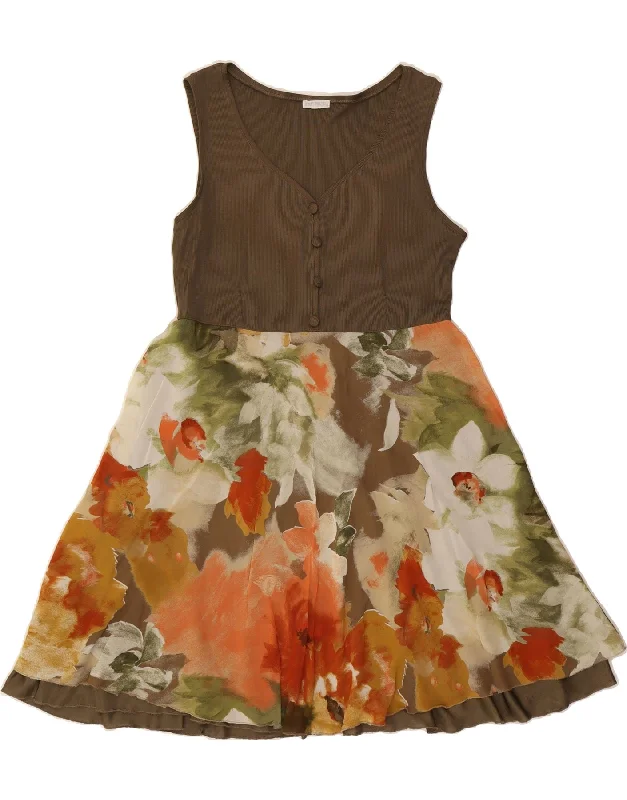 VINTAGE Womens Sleeveless A-Line Dress IT 42 Medium Brown Floral Off-the-shoulder Chic Trendy