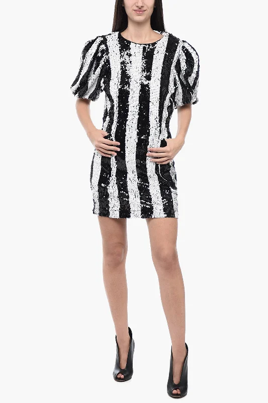 Rotate Sequined KATIE Dress with Puffed Sleeves Pencil Office Professional