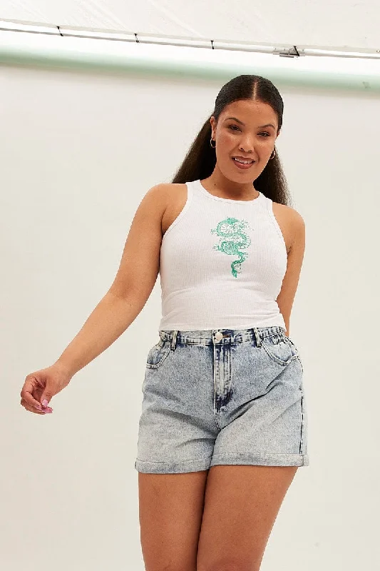 White Sleeveless Rib Tank Top With Dragon Embroidery tie dye tank