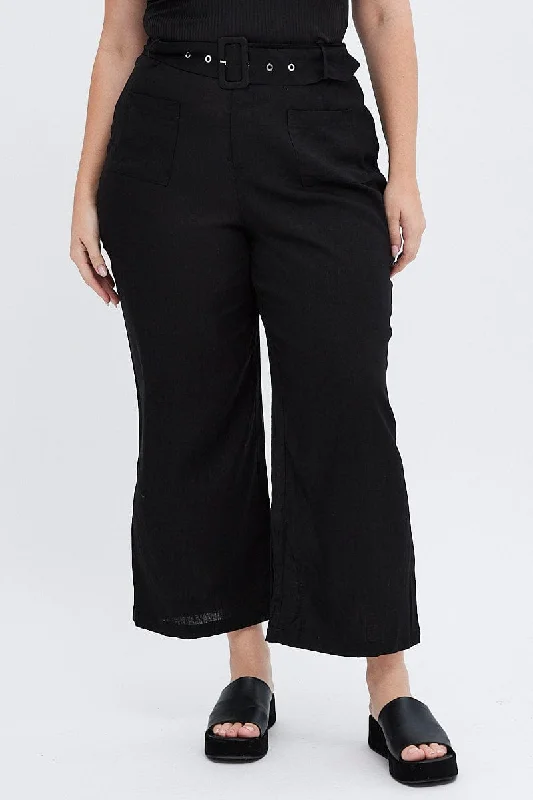 Black Belted Pant Wide Leg Linen Blend With Beltloops Trendy Palazzo Pants