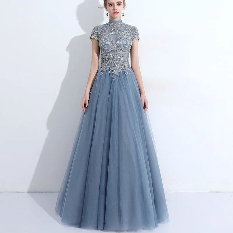 High Neck Prom Dress, Tulle A-Line Prom Dress, Applique Open-Back Prom Dress, Party Dresses, LB0709 Tunics Short Trendy
