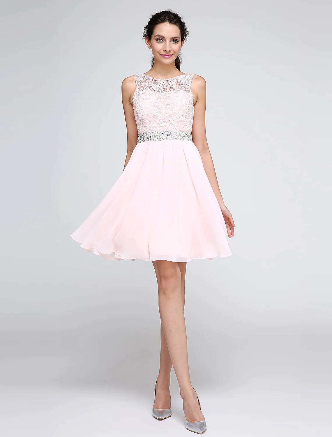 A-Line Dresses Party Dress Homecoming Short Mini Sleeveless Chiffon V Back with Crystals Tunics Wedding white