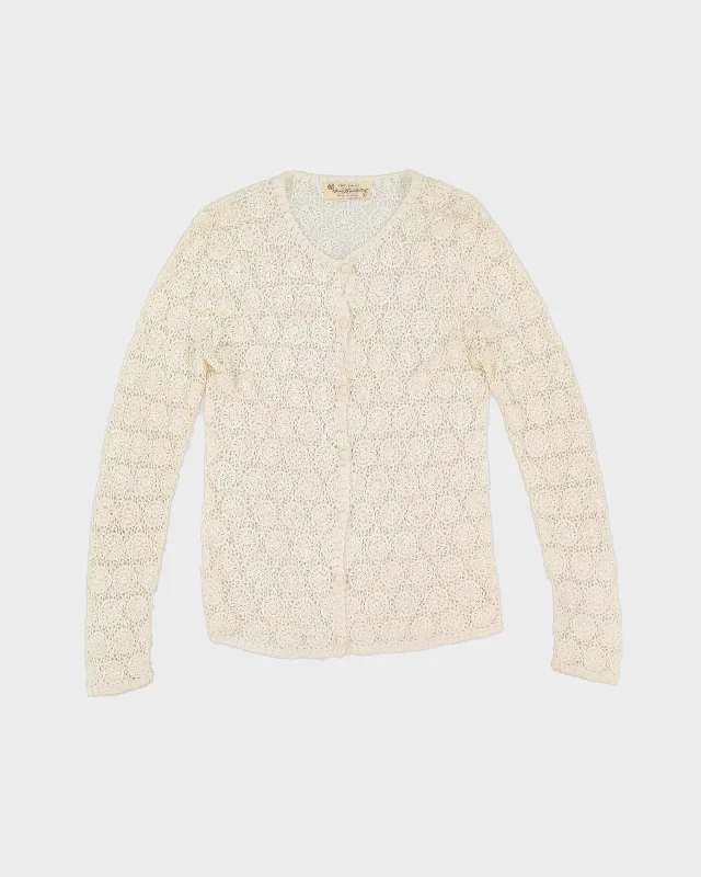 Vintage 1990s White Hand Crocheted Lace Cardigan - S Collared Crew Neck Turtle Neck