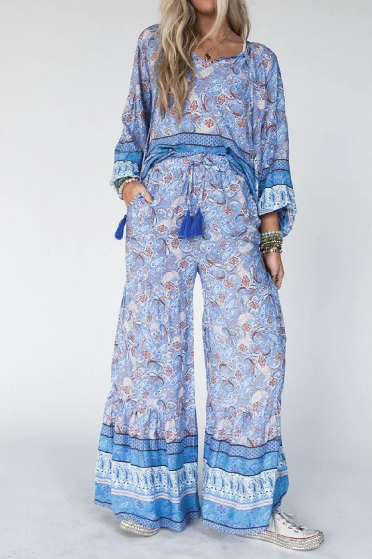 The Nest Lani Wide Leg Pants - Blue Border Print Formal Slim Pants