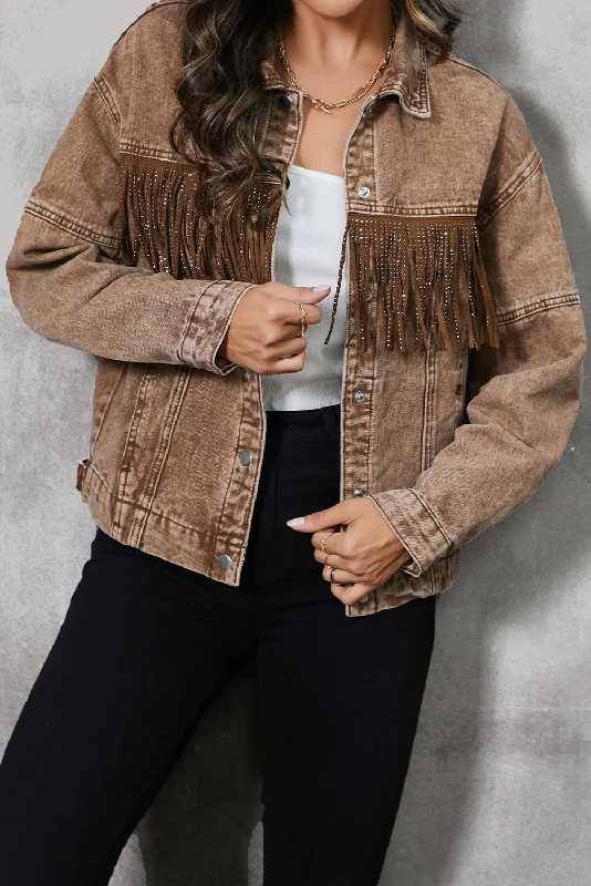 Fringe Trim Snap Down Denim Jacket Chenille Jacket Brocade Jacket Lace Jacket