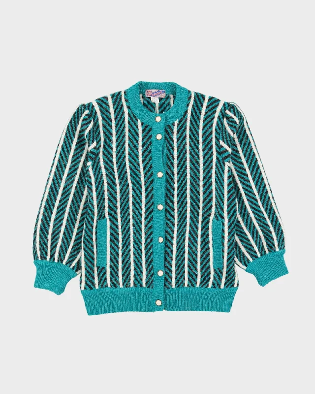 1990s Green Patterned Knitted Cardigan - S Cashmere Blend Cotton Blend Poly Blend