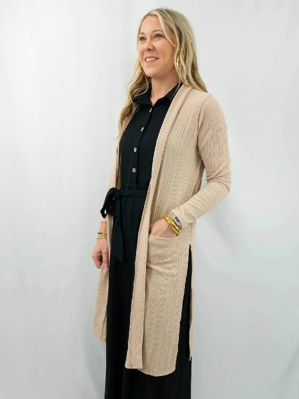 Taupe Ribbed Light Weight Duster Cardigan Cable Knit Ribbed Knit Lace Knit