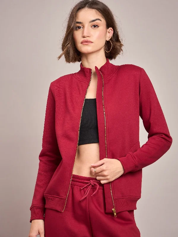 Women Maroon Fleece Zipper Jacket Mesh Jacket Canvas Jacket Denim Jacket