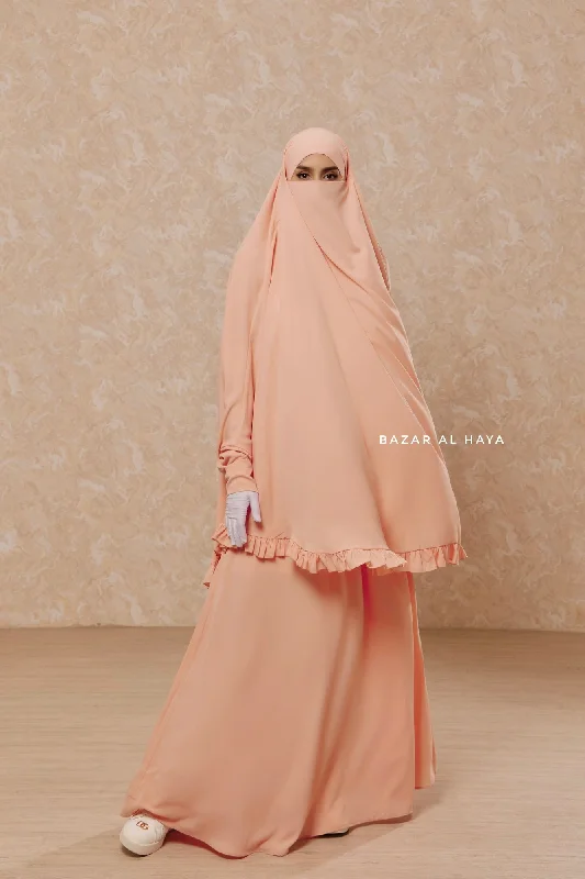 Peach Ibadah Two-piece Jilbab with Skirt, Haj, Umrah Garment & Prayer Set silk skirt lustrous