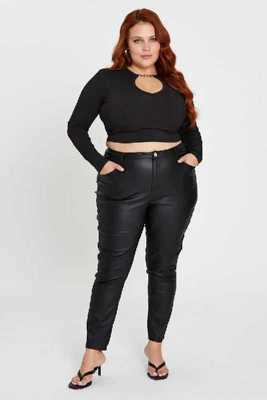 Black Skinny Pants High Rise Wet Look Comfortable Jogging Pants
