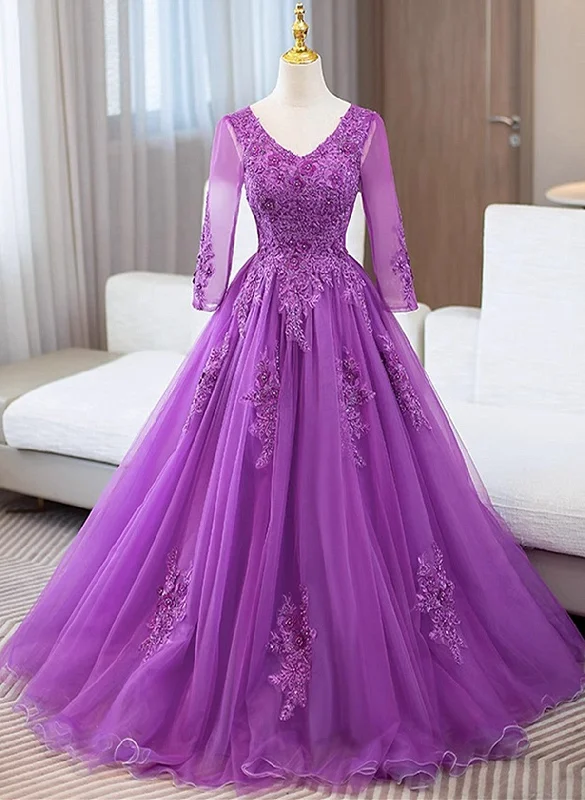 Purple Tulle with Lace Applique Long Sleeves Party Dress, Purple Tulle Prom Dress Tunics Versatile stylish