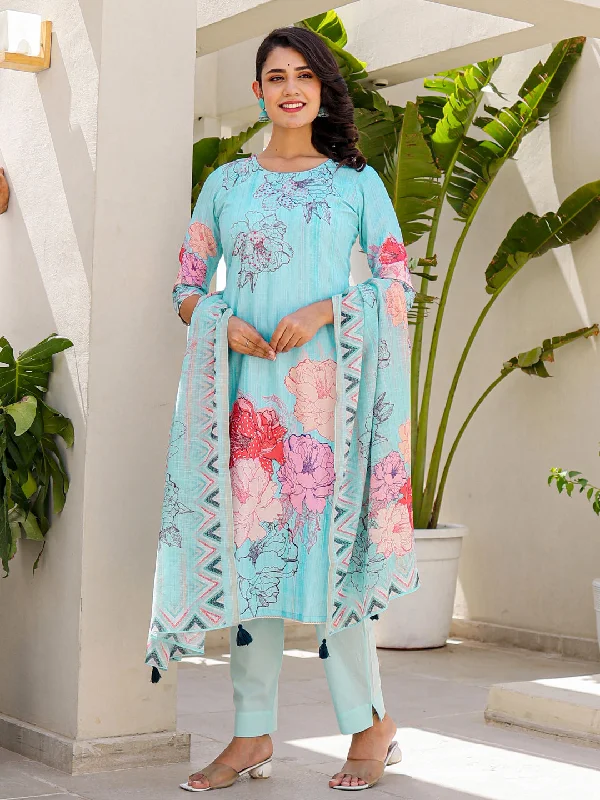 Blue Designer Readymade Linen Pant Suit With Digital Printed Work Cozy Full-Length Pants