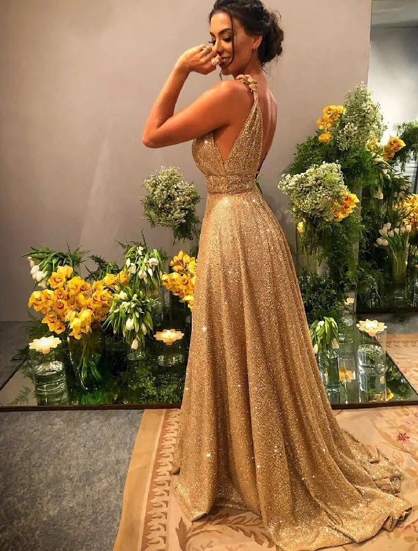 A-Line Prom Dresses Glittering Dress Evening Party Dress Formal Evening Sweep / Brush Train Sleeveless Spaghetti Strap Stretch Satin Backless with Rhinestone Tunics Travel practical