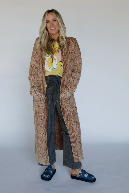 Chill Nights Cable Knit Cardigan - Brown Hooded Cardigan Collared Cardigan Shawl Collar