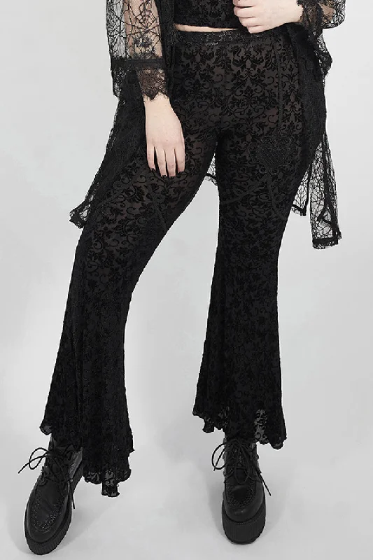 Black Plus Size Velvet Print Front Decals Knit Flare Women's Gothic Pants Chic Black Leggings