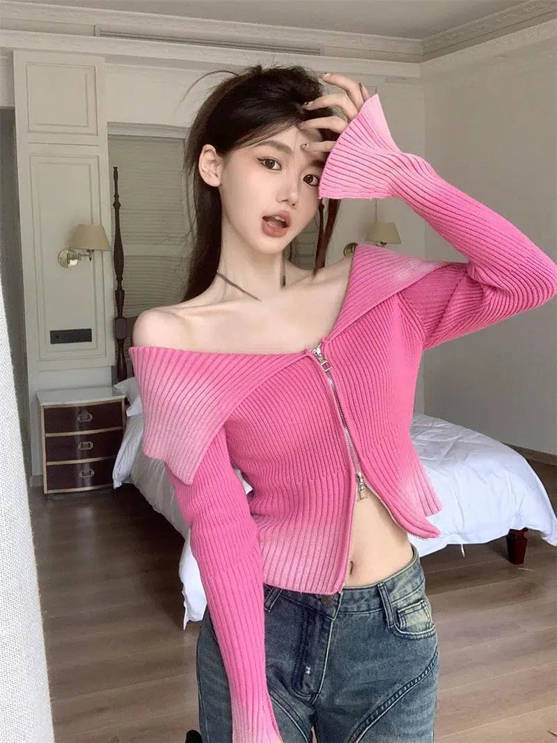 Y2K Off Shoulder Cardigan Denim Fabric Leather Fabric Suede Fabric