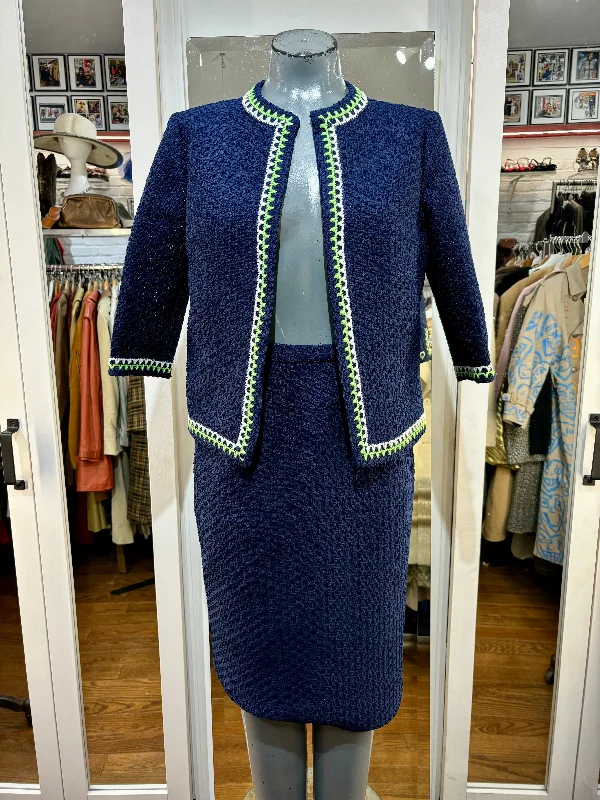 60’s Navy With Green & Beige Trim 2 Piece Skirt Set By Butte Knit wool skirt sturdy
