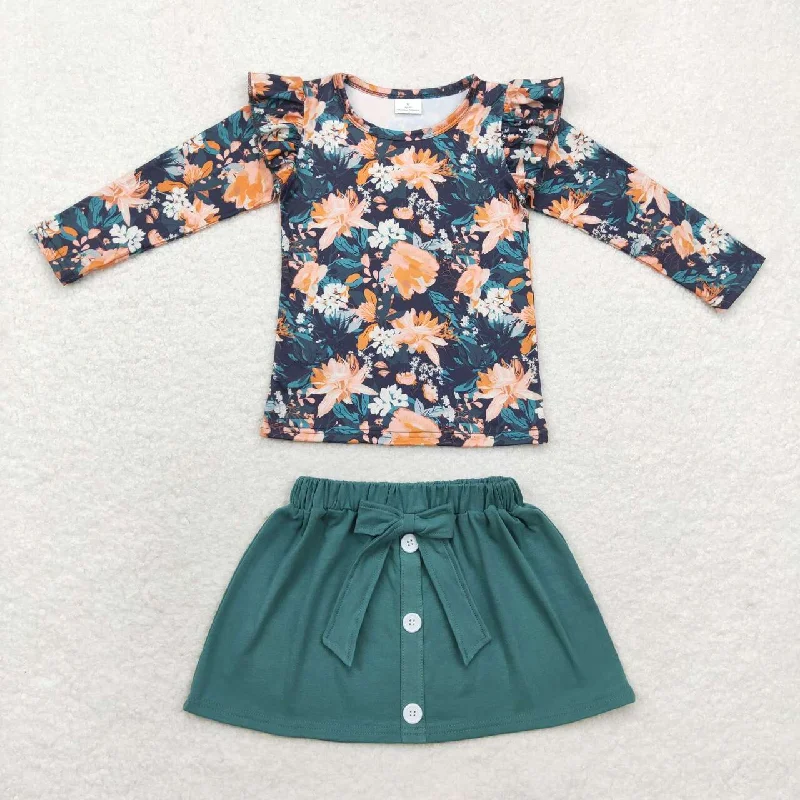 GLD0590 Floral long sleeve dark green skirt set High quality linen skirt light