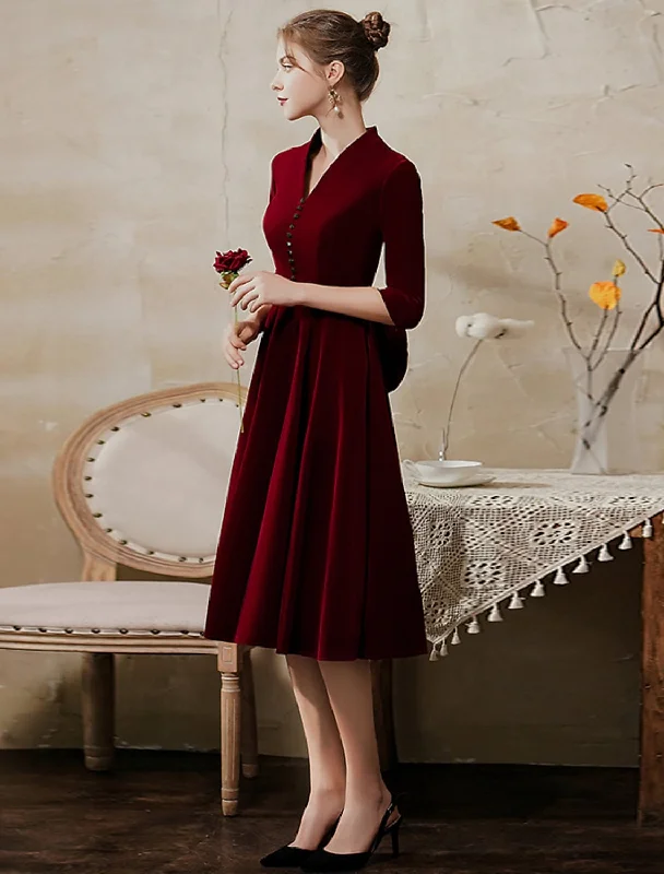 A-Line Minimalist Vintage Party Wear Cocktail Party Dress V Neck Half Sleeve Tea Length Velvet with Sleek Tunics Ceremony elegant