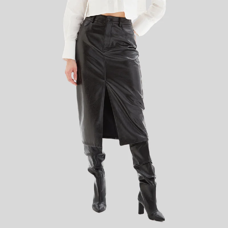 5-Pocket Front Slit Midi Skirt - Black button skirt front