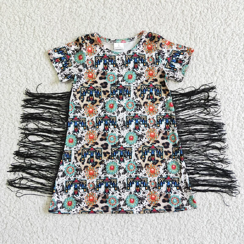Clearance GSD0058 Girls leopard print cow print sapphire fringe short-sleeved skirt wool skirt warm