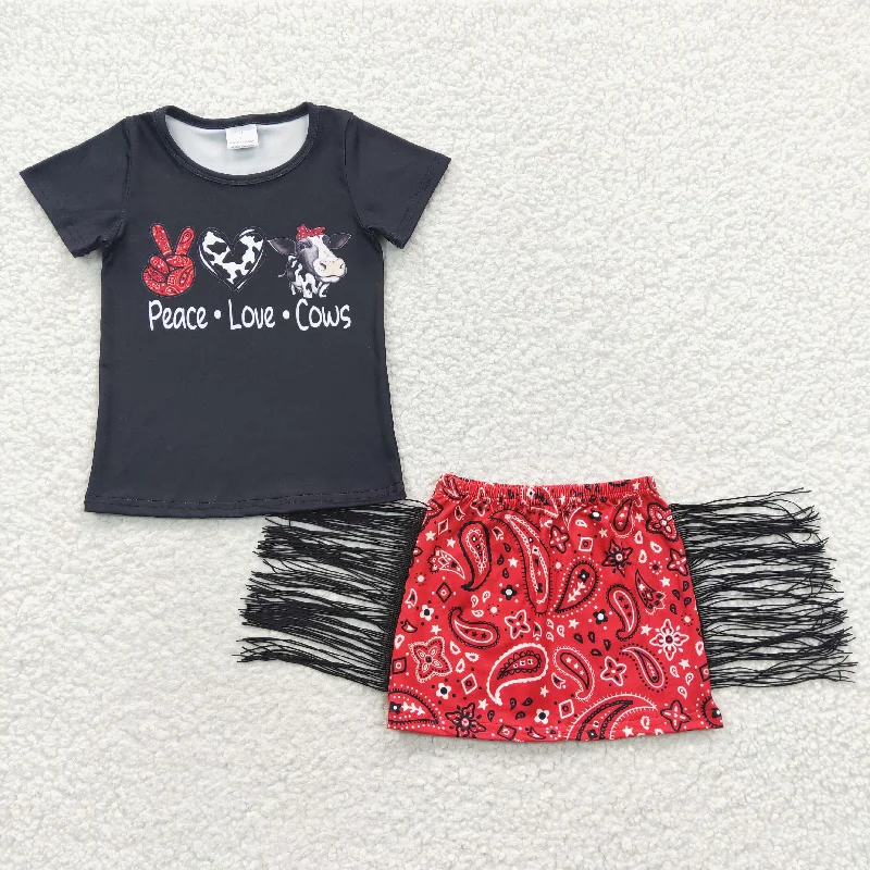 Clearance GSD0302 Girls cows Short sleeve red fringe skirt set a-line skirt cut