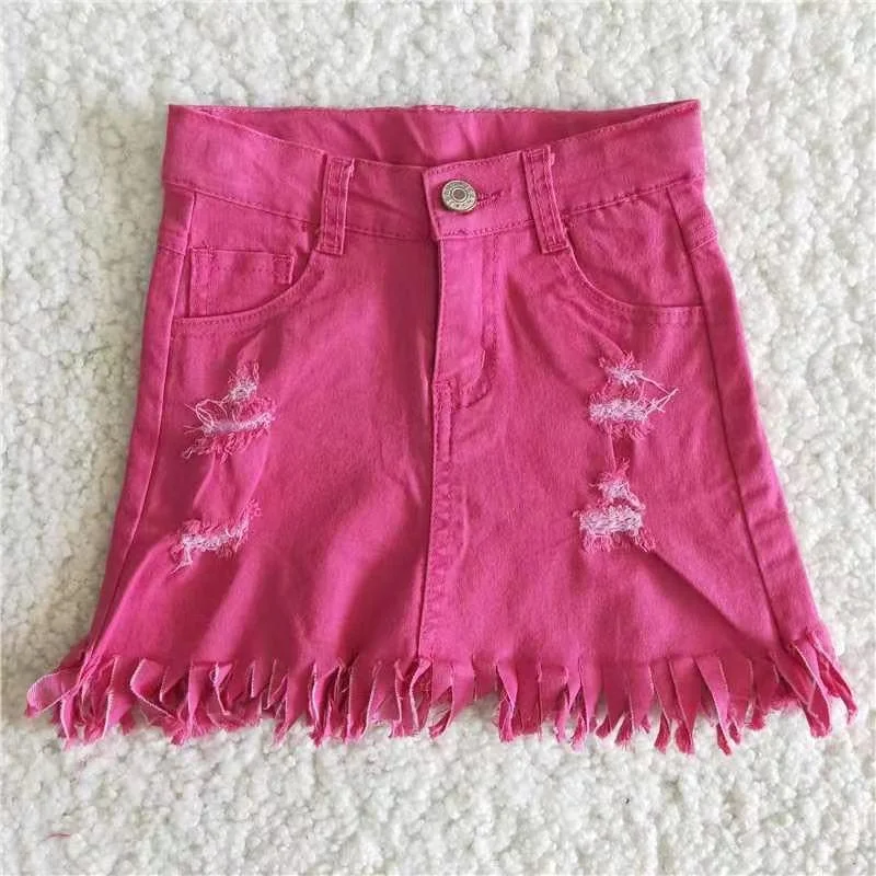 Hot Pink Denim Tassels Baby Girls Casual Skirt chiffon skirt lightweight