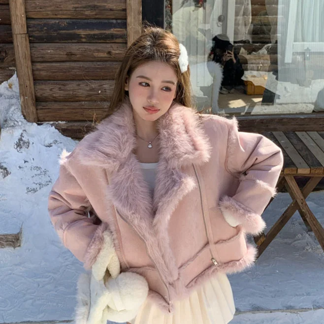 Mix Fur Long Sleeve Top Jacket (Pink) Front Pockets Side Pockets Patch Pockets