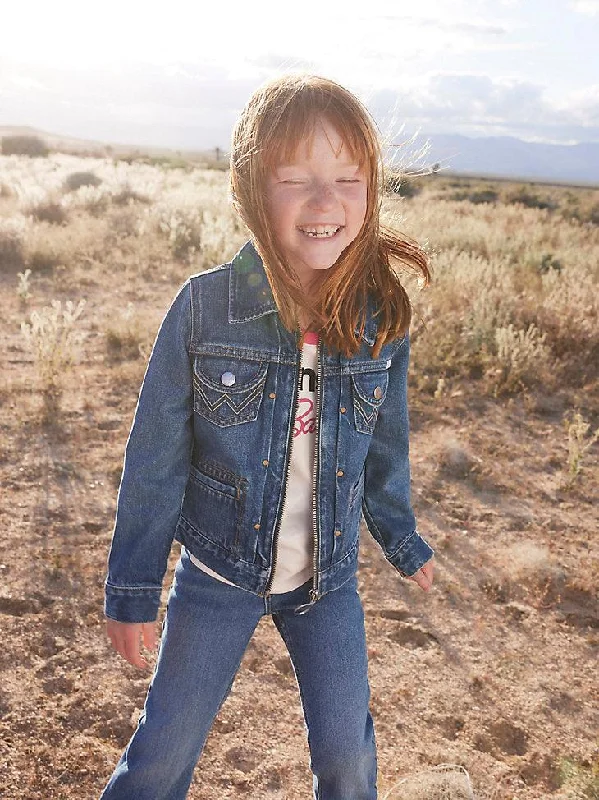 WRANGLER X BARBIE™ GIRL'S ZIP FRONT DENIM JACKET IN WRANGLER BLUE Wool Jacket Cashmere Jacket Tweed Jacket WRANGLER X BARBIE™ GIRL'S ZIP FRONT DENIM JACKET IN WRANGLER BLUE Wool Jacket Cashmere Jacket Tweed Jacket