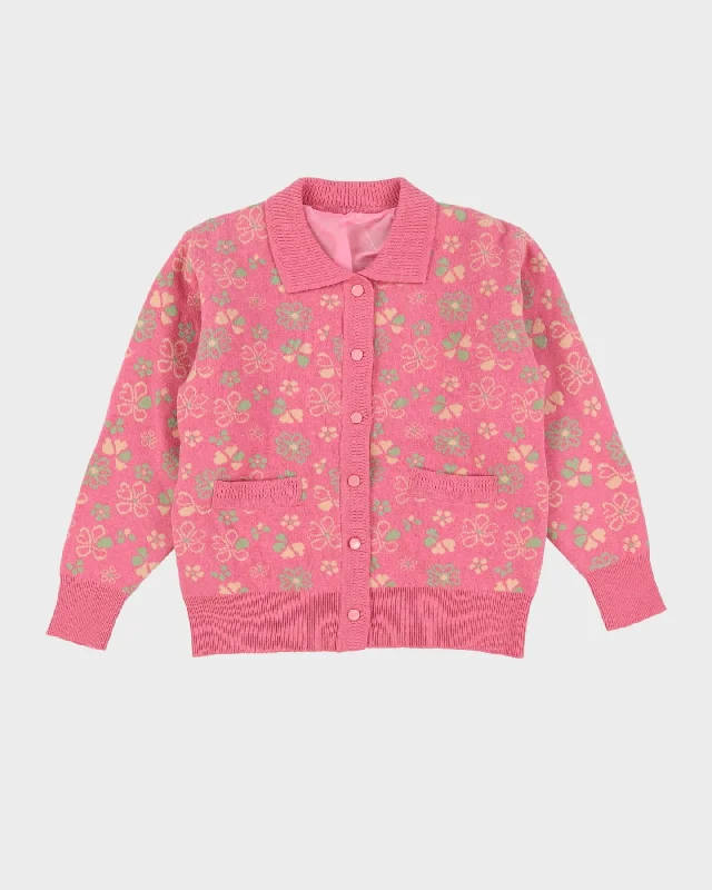 Vintage 1990s Pink Lined Knitted Cardigan - M Houndstooth Herringbone Solid