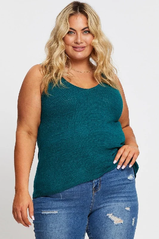 Green Sleeveless Tank V-neck Knit cozy tank top