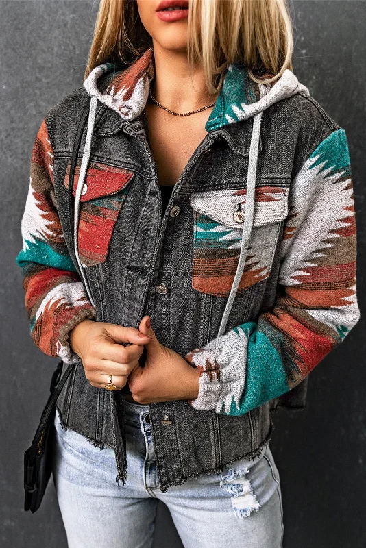 Drawstring Hooded Pocketed Denim Jacket Cotton Fabric Linen Fabric Terry Fabric