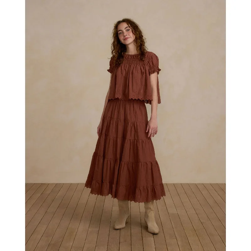 Rylee and Cru Brick Ruffle Tiered Midi Women Skirt denim skirt trendy