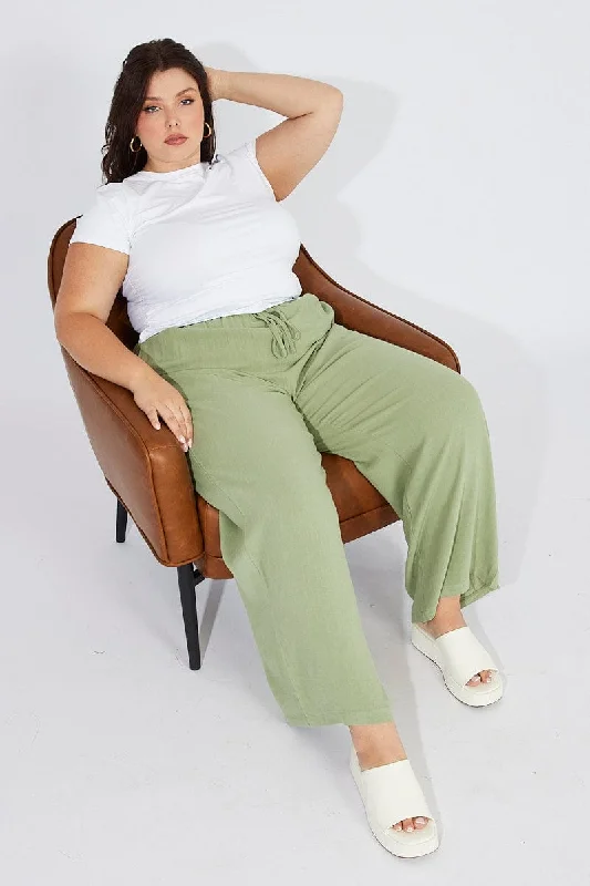 Green Wideleg Pants Paperbag Elastic Waist Linen Blend Slim Fit Casual Pants