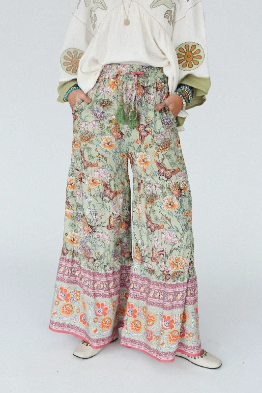 The Nest Lani Wide Leg Pants - Sage Butterfly Border Print Cozy Maternity Pants