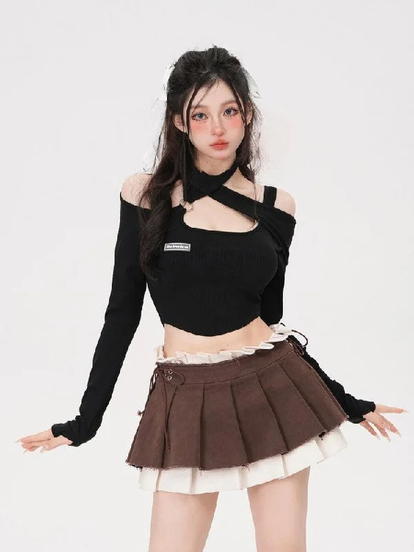Drawstring Pleated Mini Skirt chiffon skirt lightweight