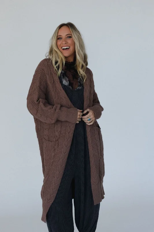 Nalani Cable Knit Cardigan - Mocha Satin Fabric Silk Fabric Chiffon Fabric
