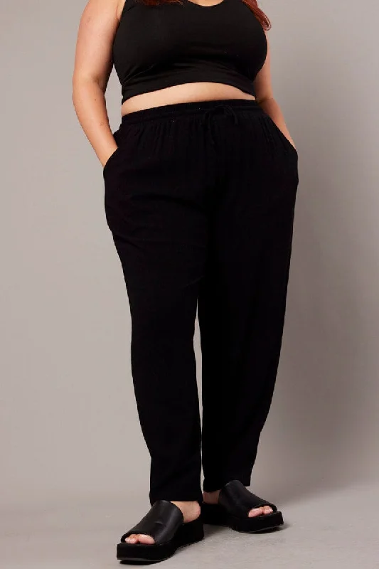 Black Tapered Pants Elasticated Waist Cropped Casual Sweatpants Style