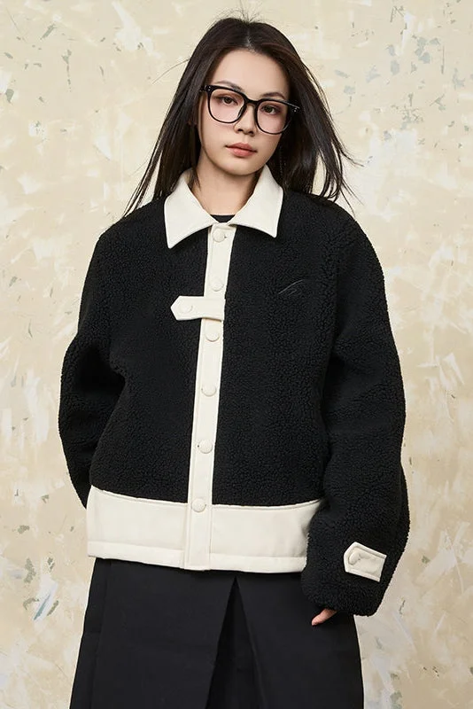 PU Leather Stitched Sherpa Jacket Welt Pockets Slit Pockets Flap Pockets