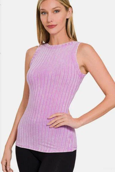 Zenana Ribbed Washed Round Neck Tank lace back tank