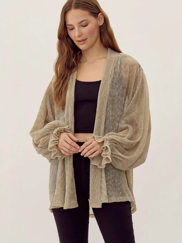 Glossy Chiffon Tie-Front Cardigan with Poet Sleeves Spandex Rayon Corduroy
