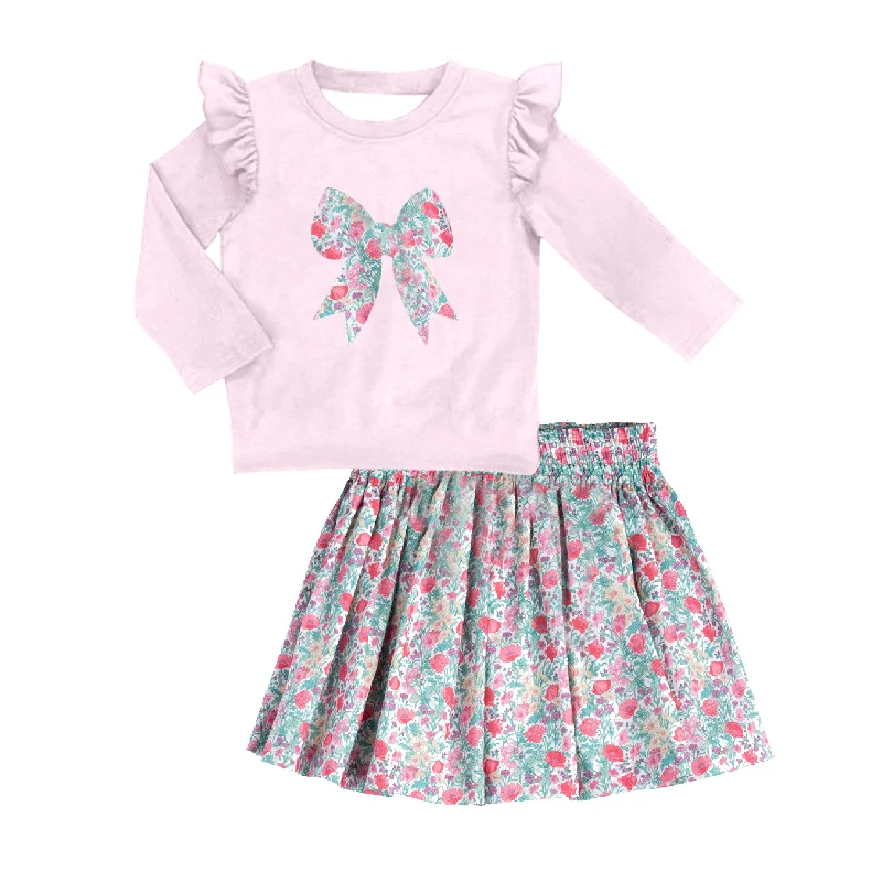 Preorder GLD0713 NO MOQ Floral floral bow pattern Pink lace long sleeve skirt set low waist skirt