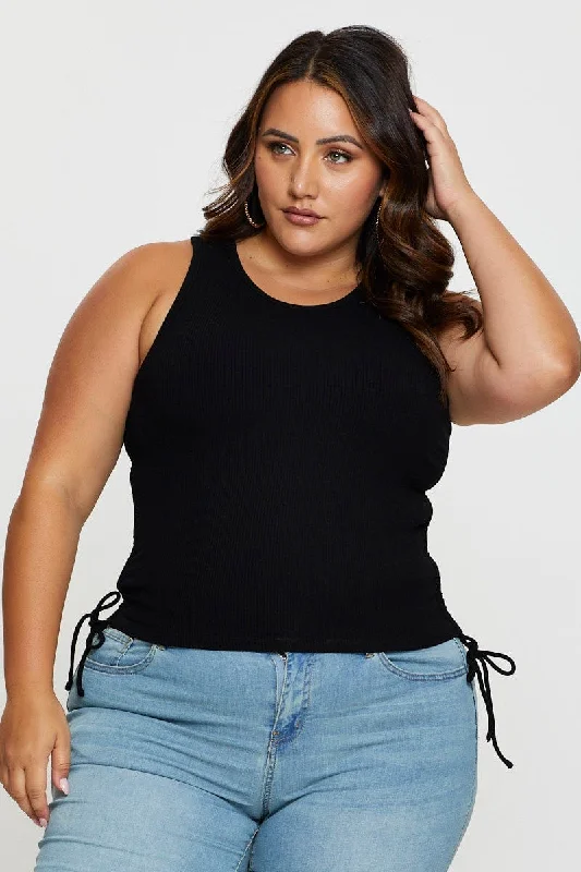 Black Tank Top Crew Neck Sleeveless Rib Drawstring striped tank top