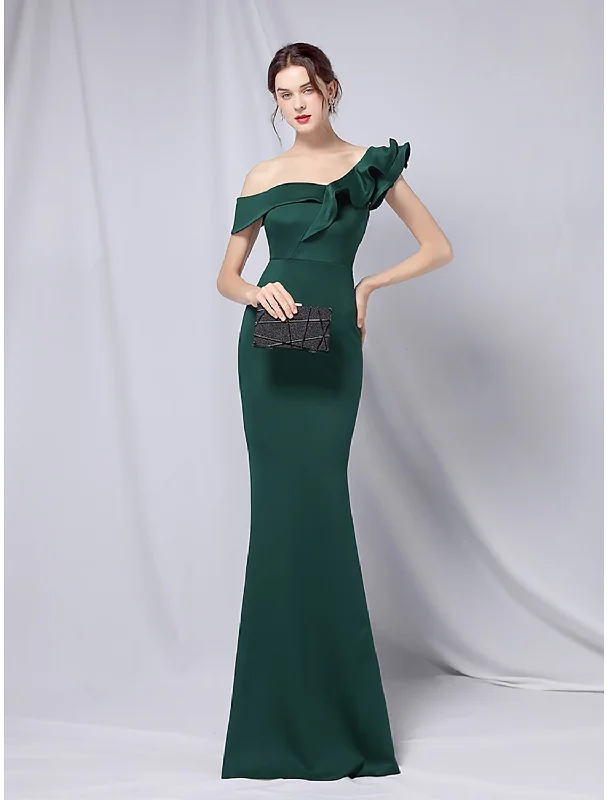 Mermaid Party Dress Evening Gown Empire Dress Wedding Guest Formal Evening Floor Length Short Sleeve One Shoulder Stretch Satin with Ruffles Tunics Vintage classic